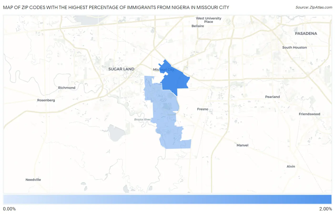 Zip Codes with the Highest Percentage of Immigrants from Nigeria in Missouri City Map