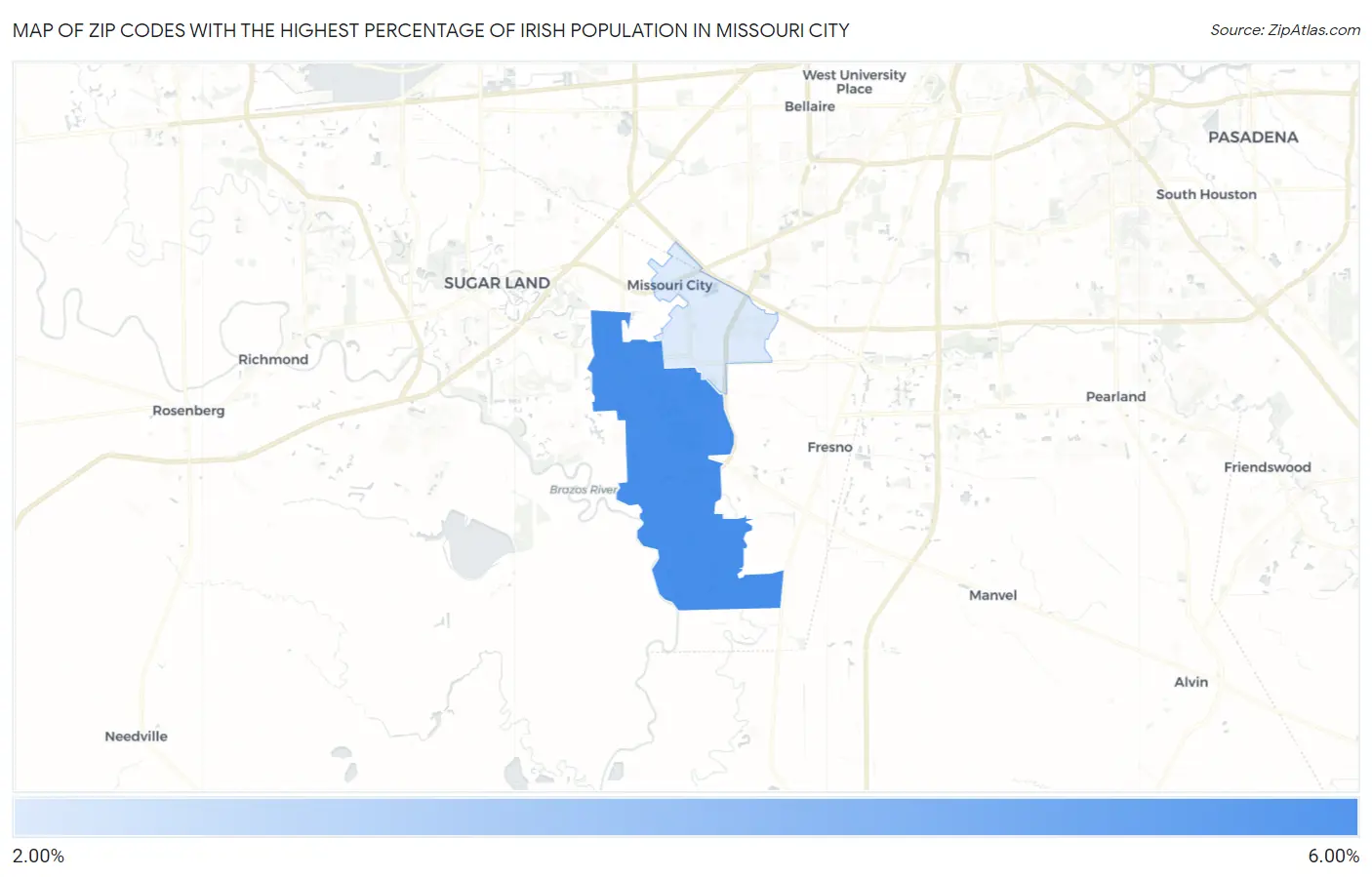 Zip Codes with the Highest Percentage of Irish Population in Missouri City Map