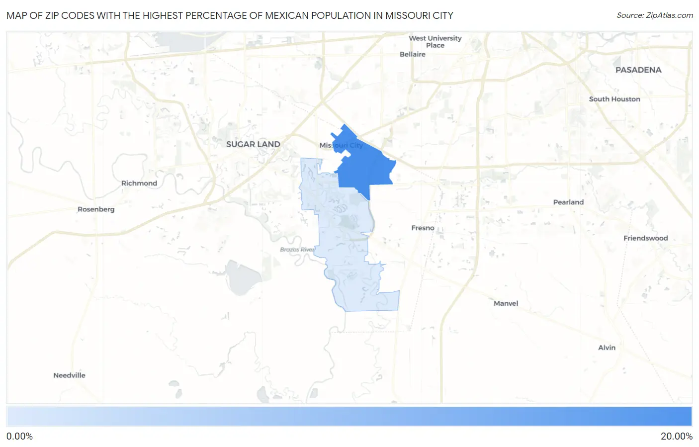 Zip Codes with the Highest Percentage of Mexican Population in Missouri City Map