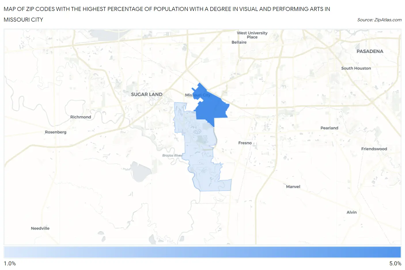 Zip Codes with the Highest Percentage of Population with a Degree in Visual and Performing Arts in Missouri City Map