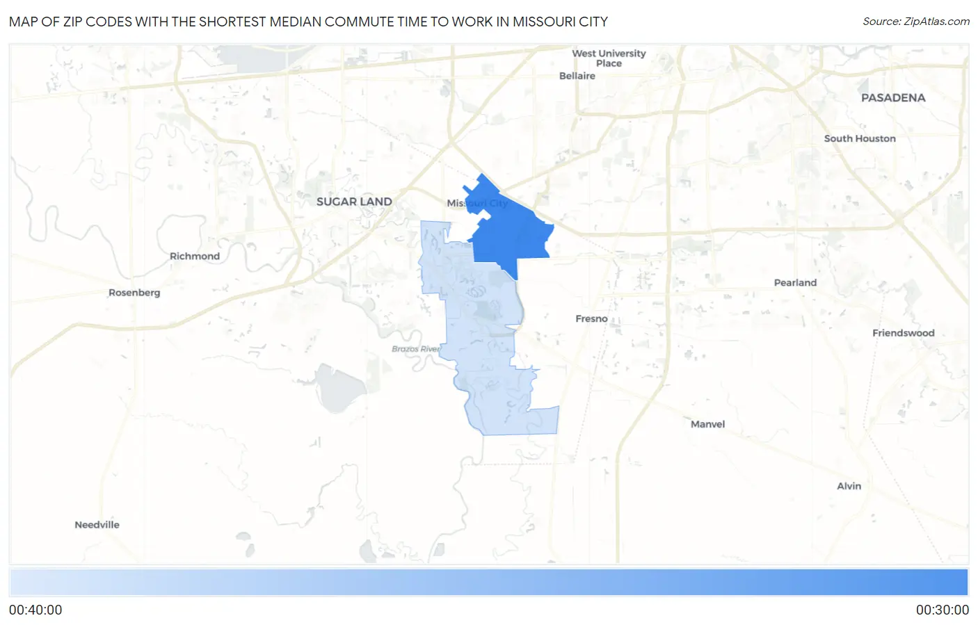 Zip Codes with the Shortest Median Commute Time to Work in Missouri City Map