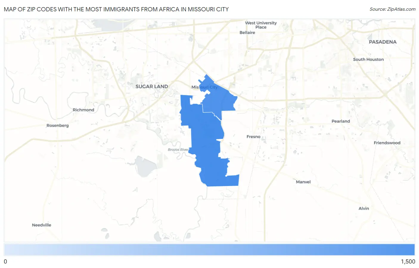 Zip Codes with the Most Immigrants from Africa in Missouri City Map