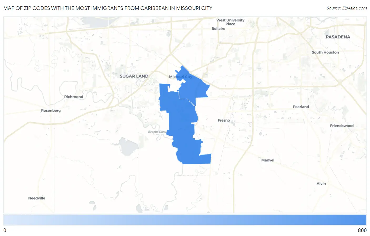 Zip Codes with the Most Immigrants from Caribbean in Missouri City Map