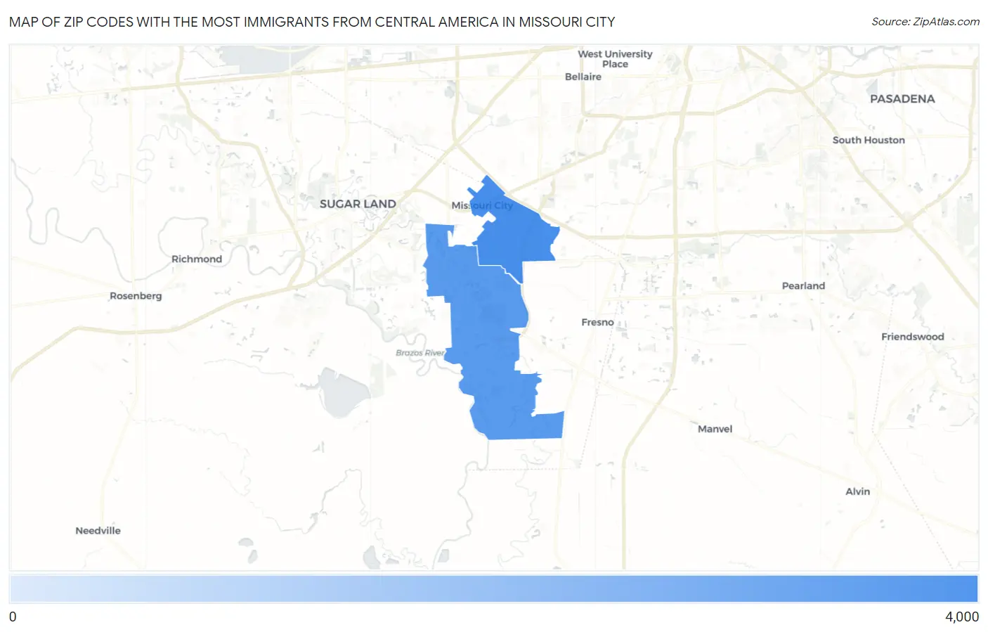 Zip Codes with the Most Immigrants from Central America in Missouri City Map