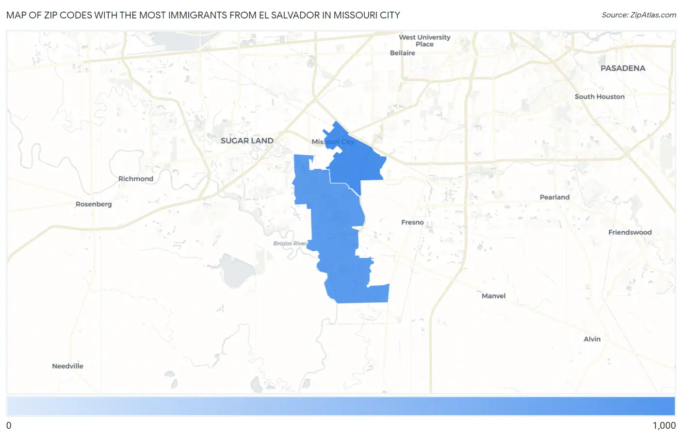 Zip Codes with the Most Immigrants from El Salvador in Missouri City Map