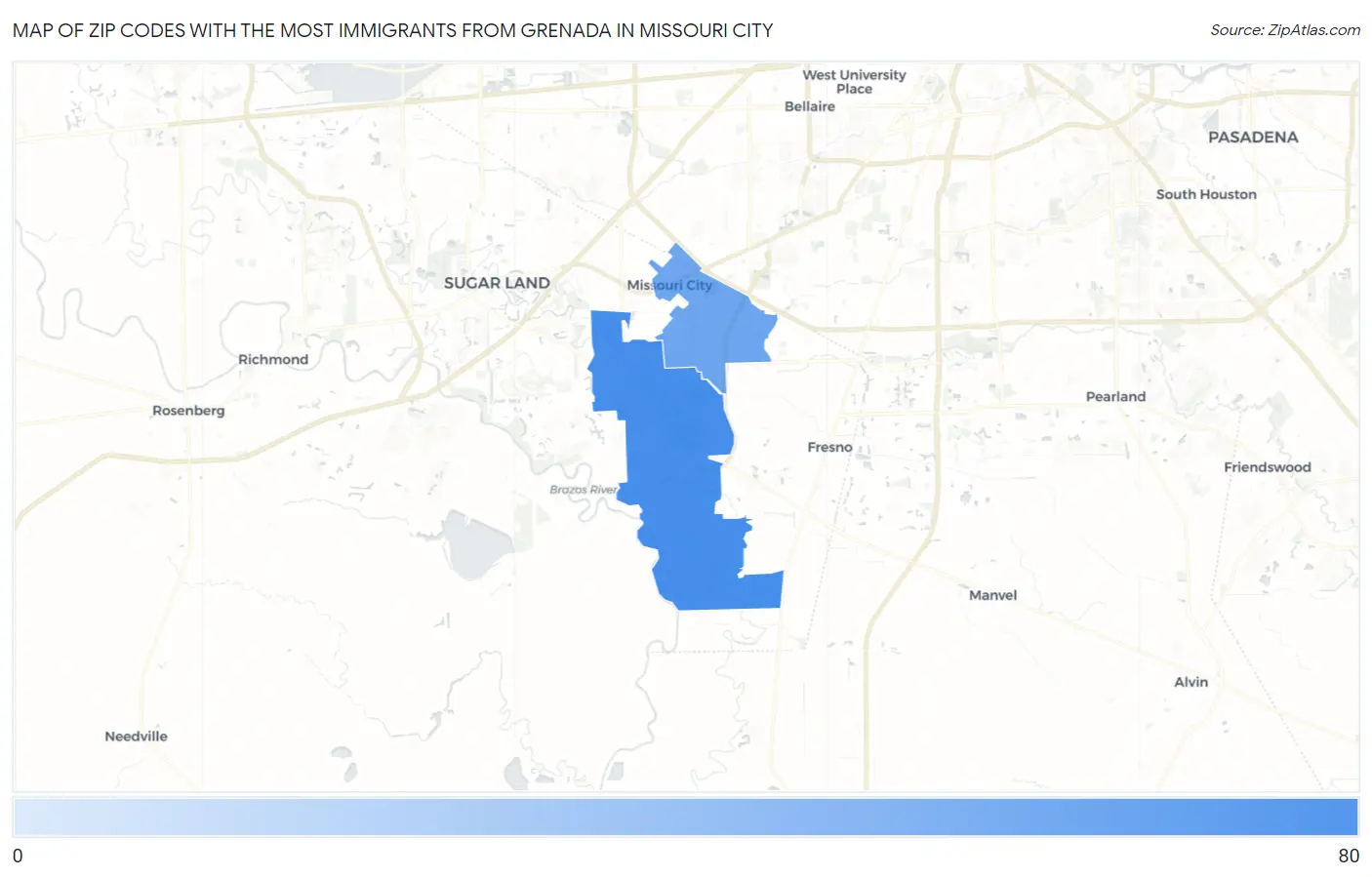 Zip Codes with the Most Immigrants from Grenada in Missouri City Map