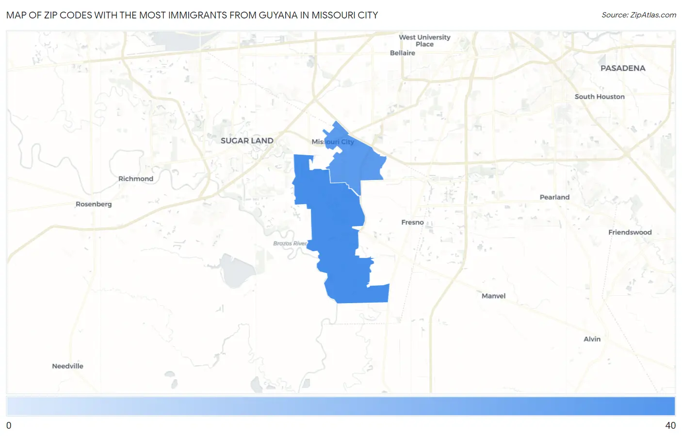 Zip Codes with the Most Immigrants from Guyana in Missouri City Map