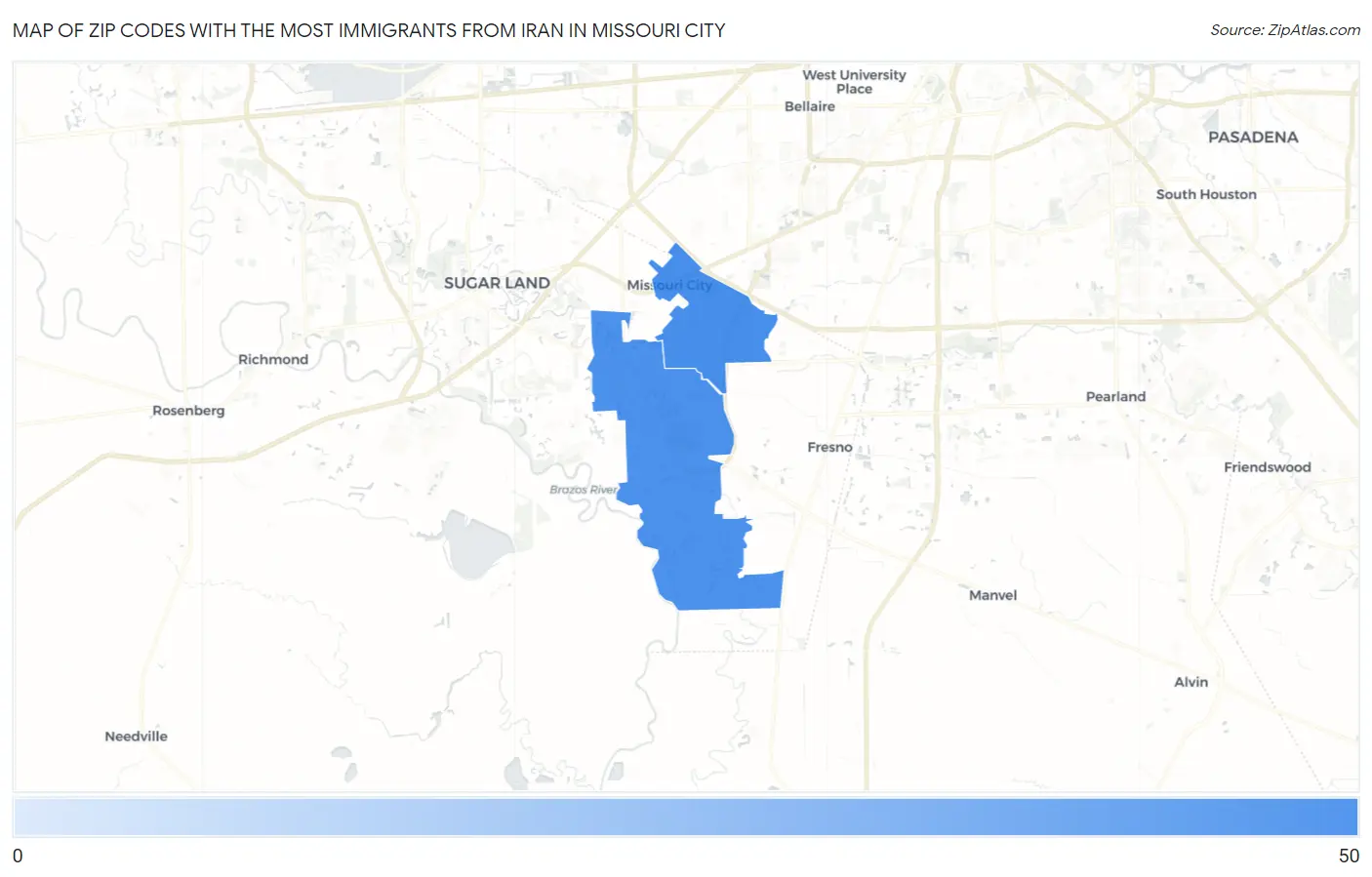 Zip Codes with the Most Immigrants from Iran in Missouri City Map