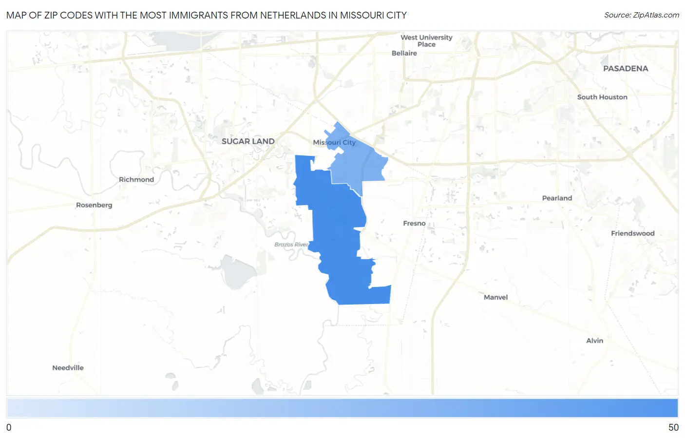 Zip Codes with the Most Immigrants from Netherlands in Missouri City Map