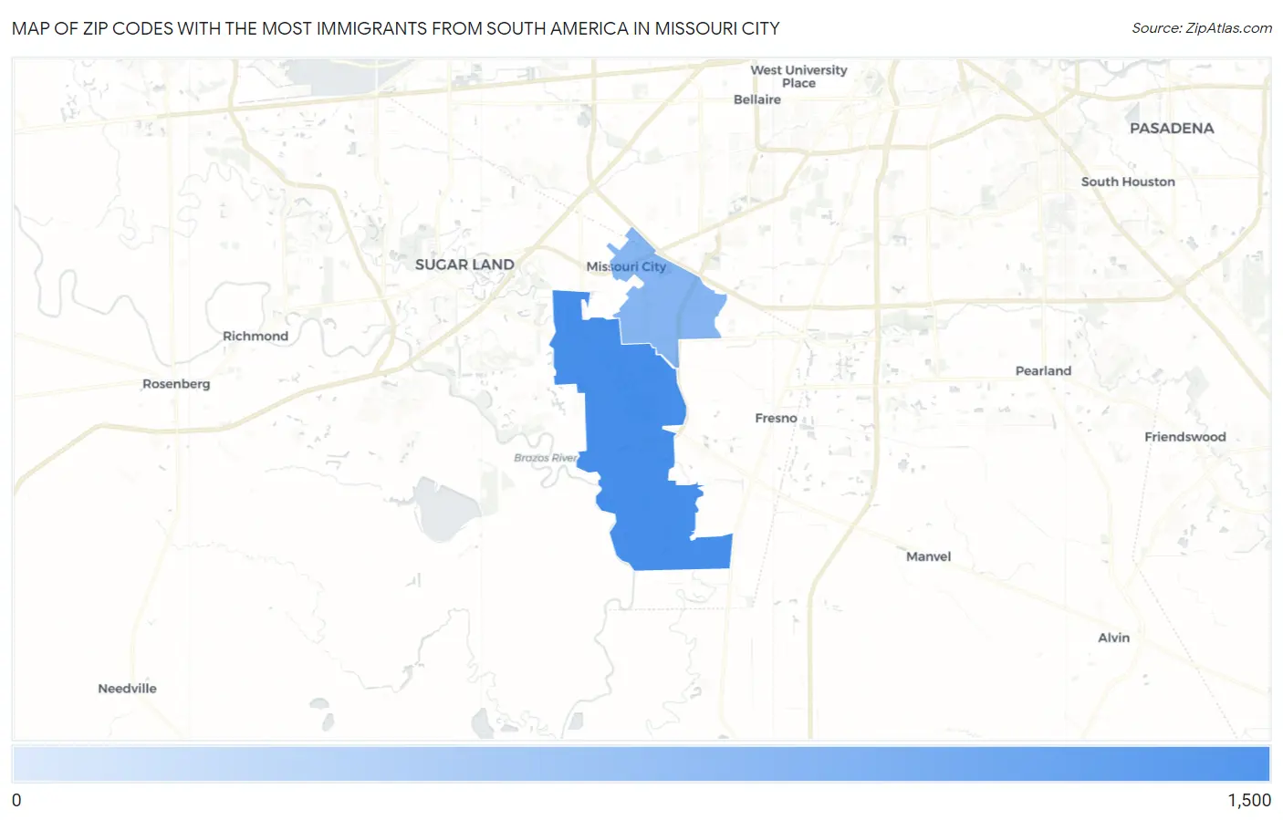 Zip Codes with the Most Immigrants from South America in Missouri City Map
