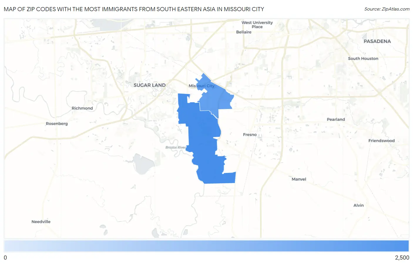 Zip Codes with the Most Immigrants from South Eastern Asia in Missouri City Map