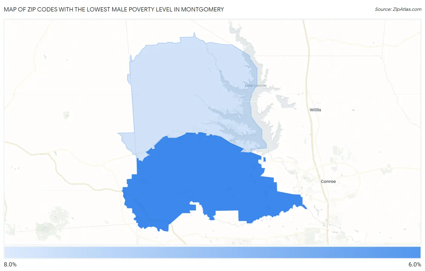 Zip Codes with the Lowest Male Poverty Level in Montgomery Map