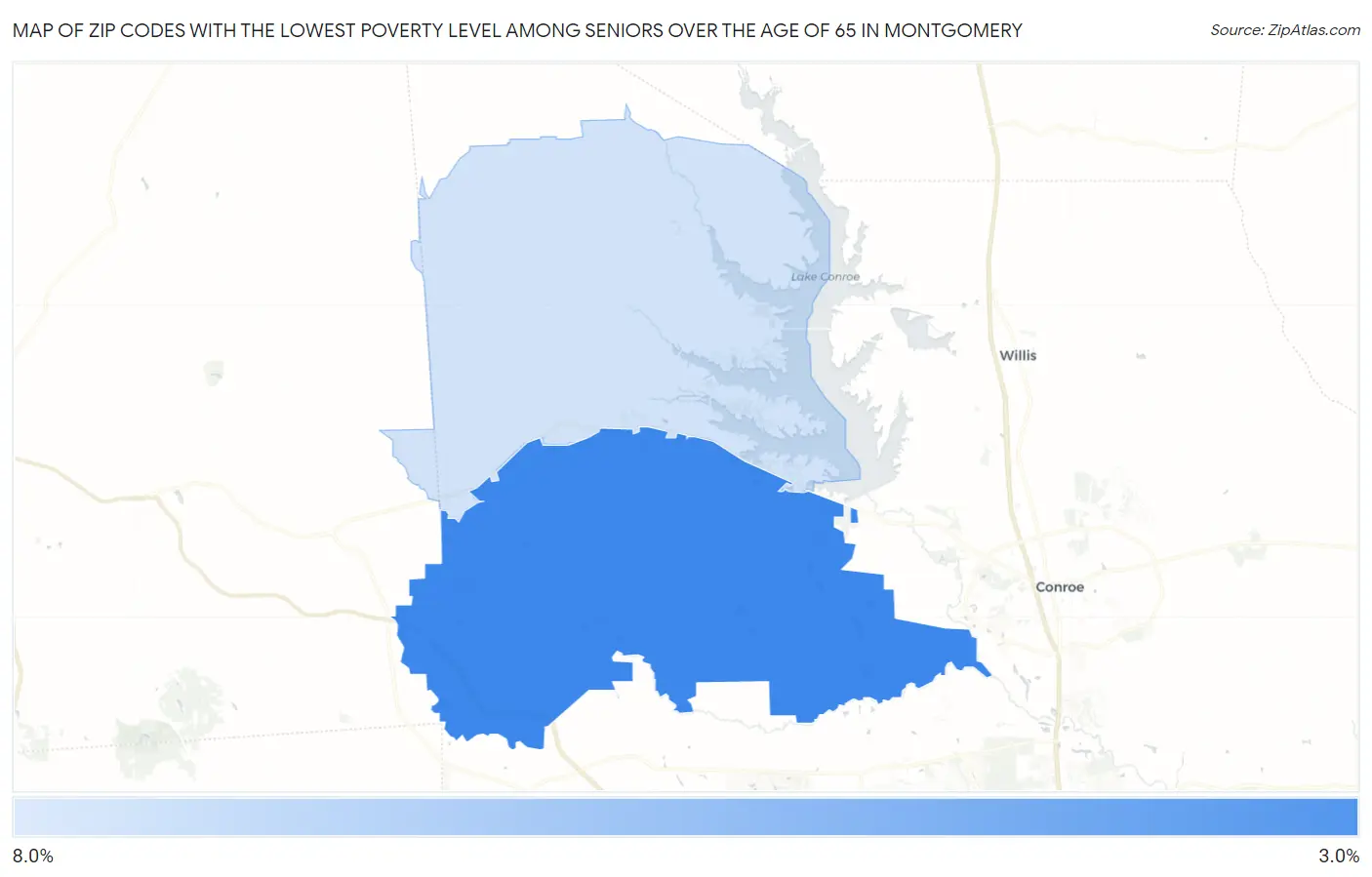 Zip Codes with the Lowest Poverty Level Among Seniors Over the Age of 65 in Montgomery Map