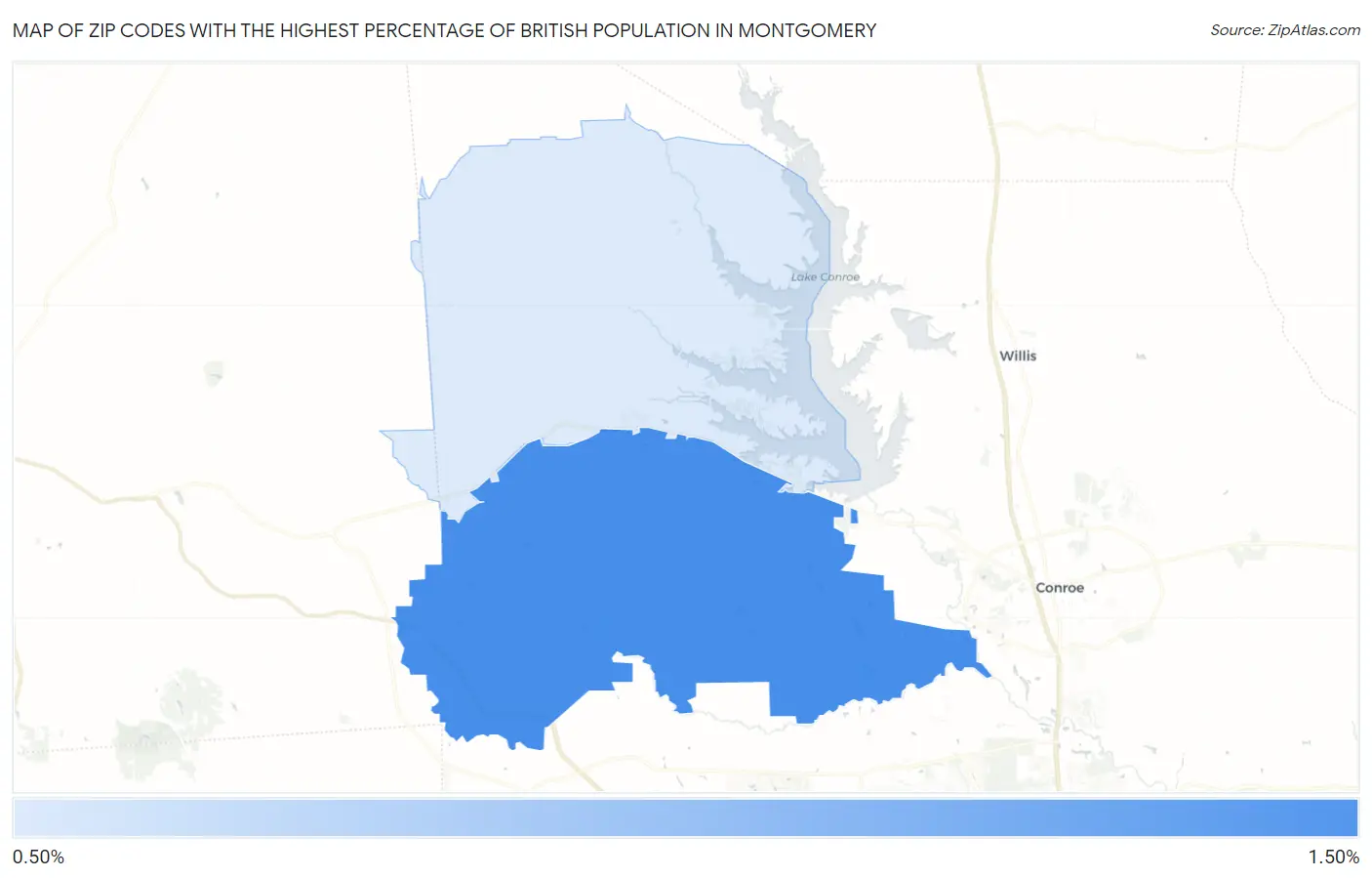 Zip Codes with the Highest Percentage of British Population in Montgomery Map