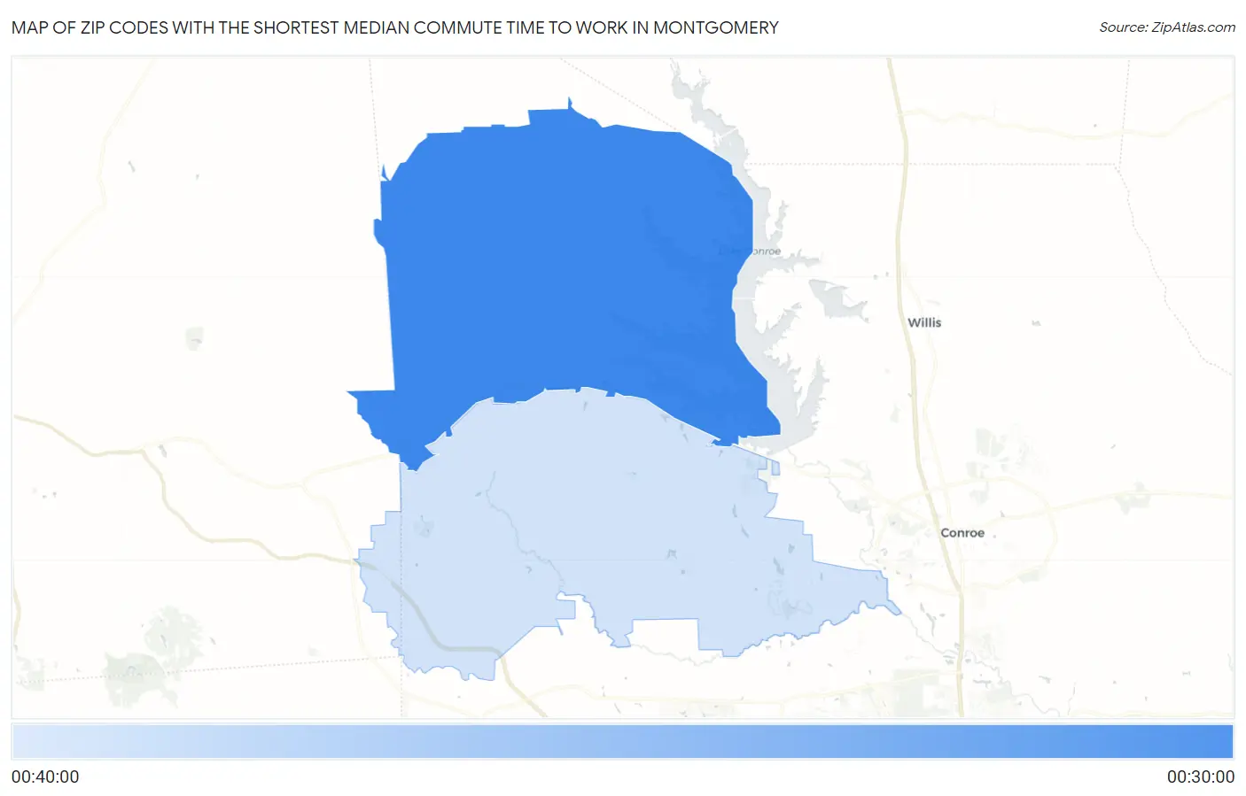 Zip Codes with the Shortest Median Commute Time to Work in Montgomery Map