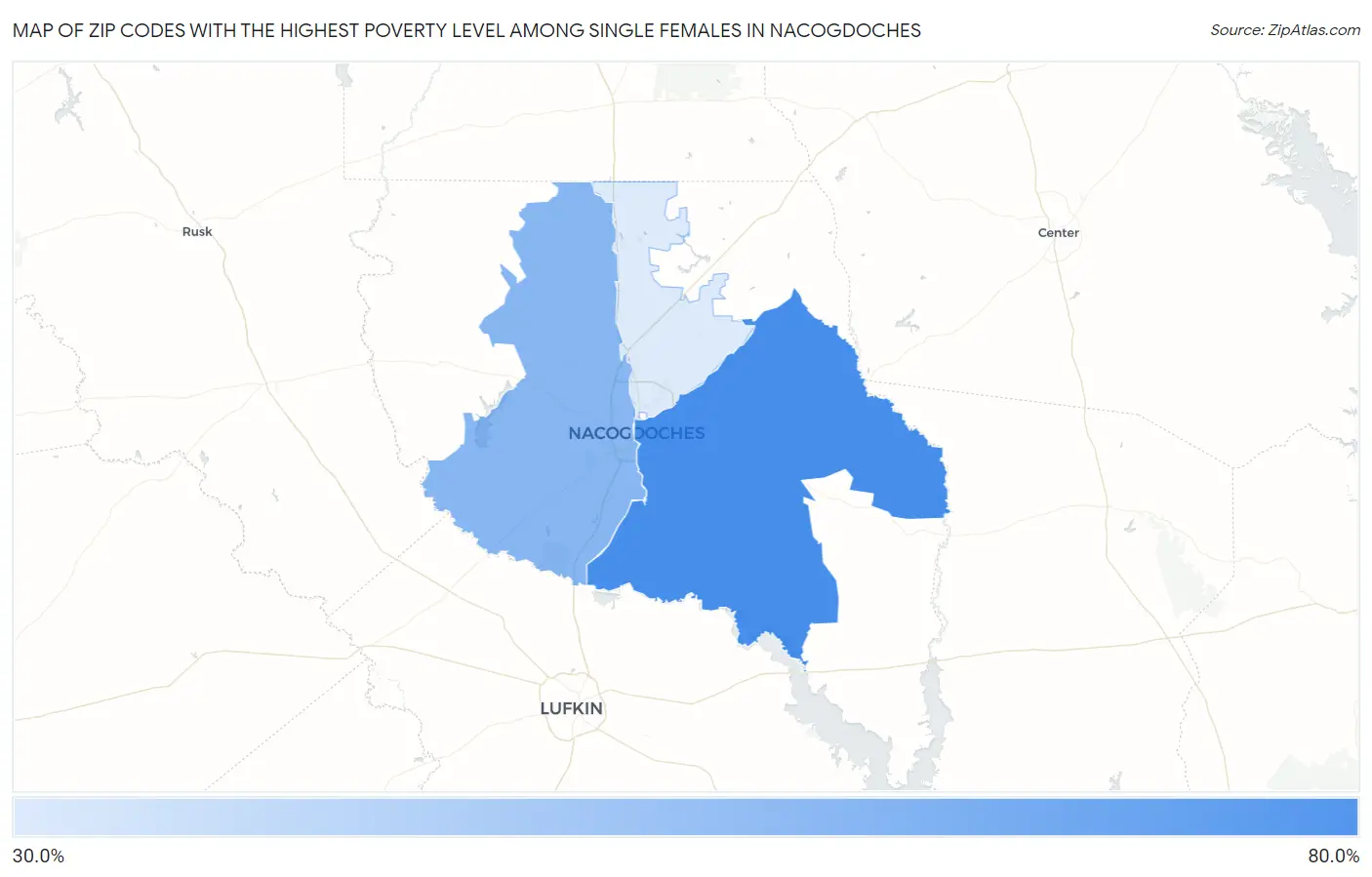 Zip Codes with the Highest Poverty Level Among Single Females in Nacogdoches Map