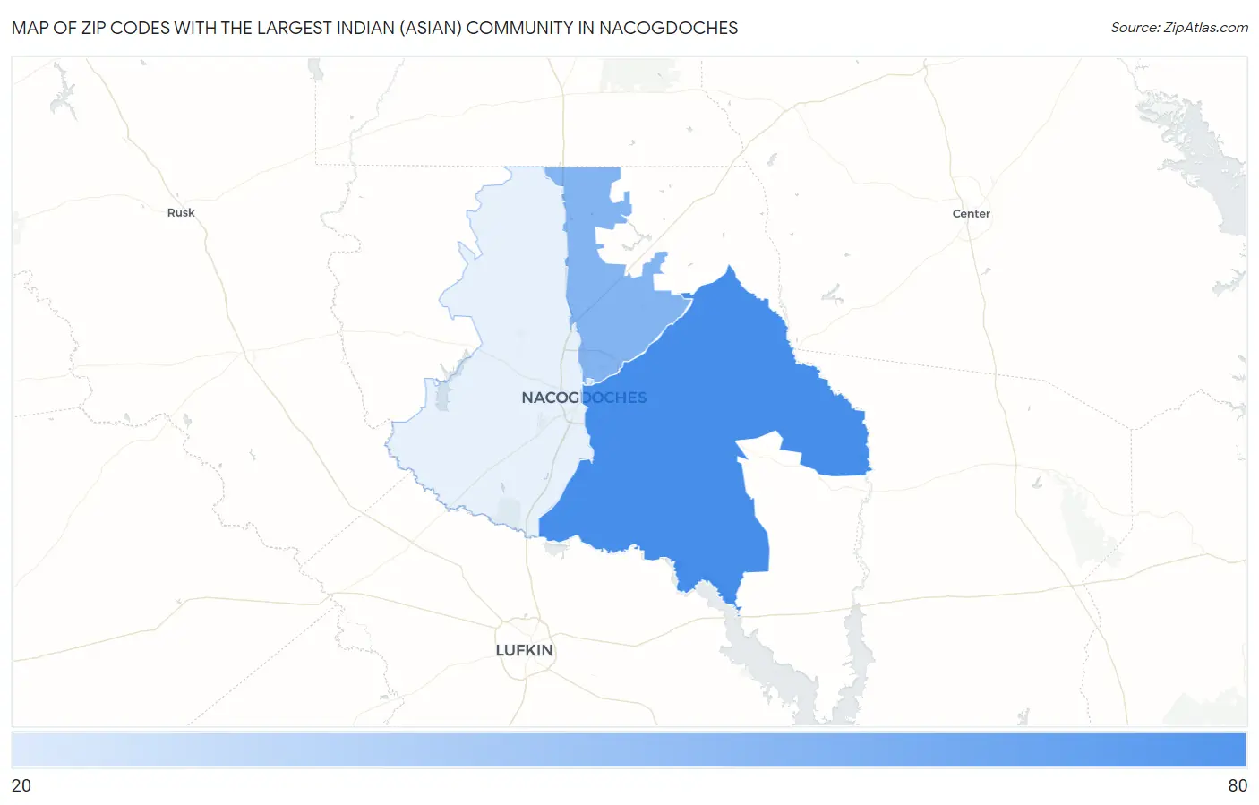 Zip Codes with the Largest Indian (Asian) Community in Nacogdoches Map