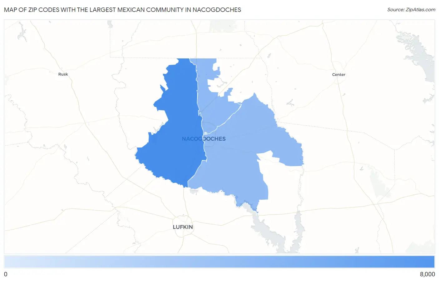 Zip Codes with the Largest Mexican Community in Nacogdoches Map