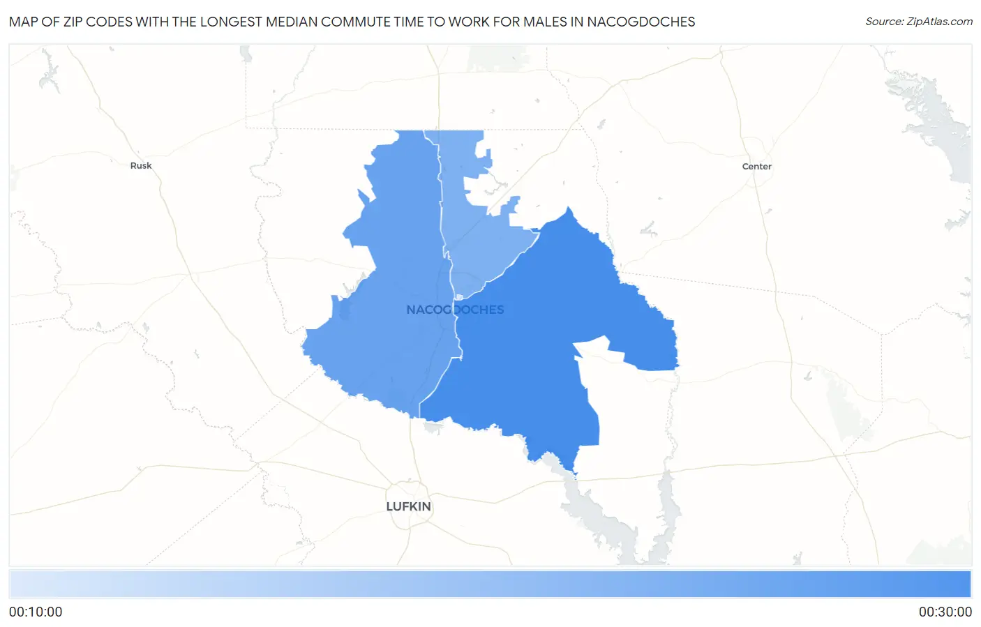 Zip Codes with the Longest Median Commute Time to Work for Males in Nacogdoches Map