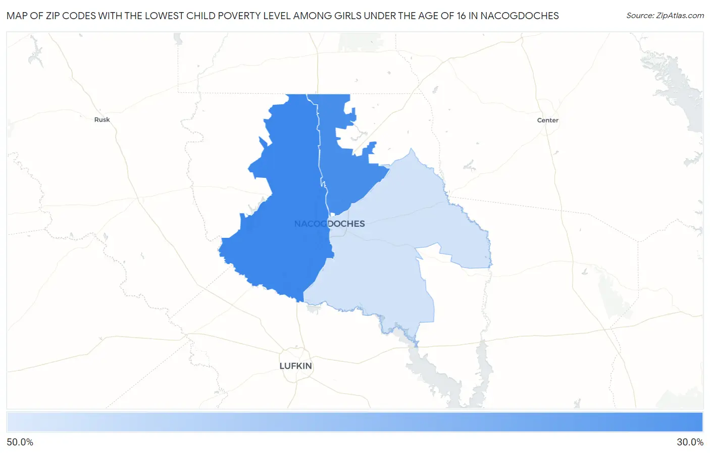 Zip Codes with the Lowest Child Poverty Level Among Girls Under the Age of 16 in Nacogdoches Map