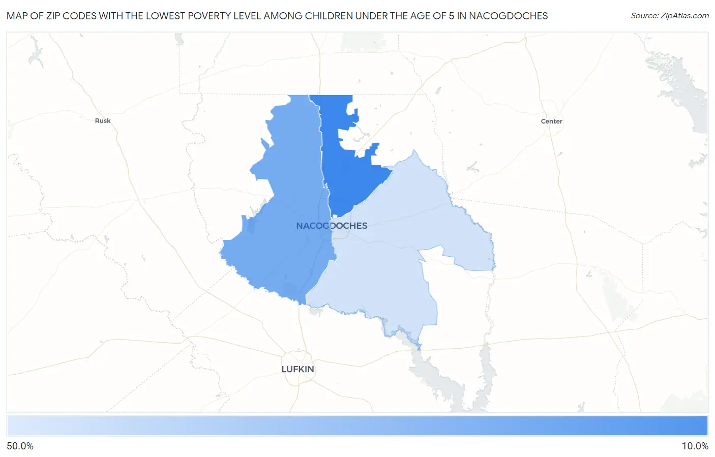 Zip Codes with the Lowest Poverty Level Among Children Under the Age of 5 in Nacogdoches Map