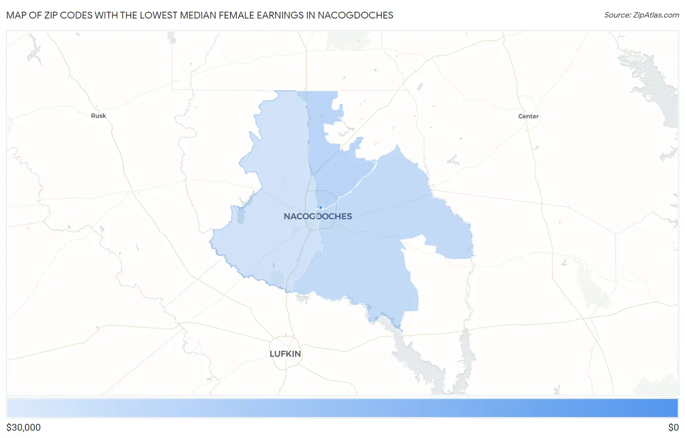 Zip Codes with the Lowest Median Female Earnings in Nacogdoches Map
