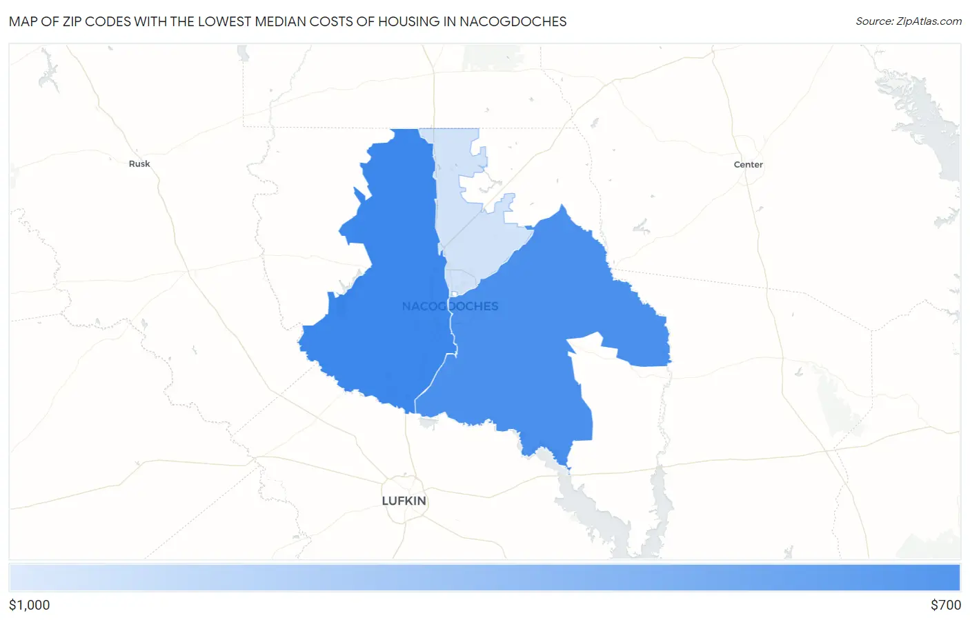 Zip Codes with the Lowest Median Costs of Housing in Nacogdoches Map