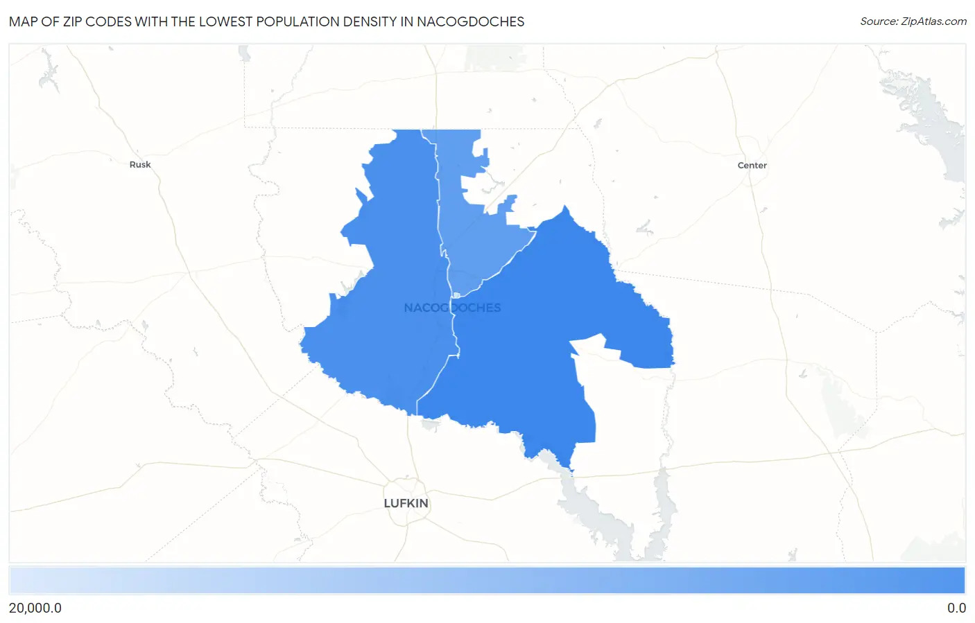 Zip Codes with the Lowest Population Density in Nacogdoches Map