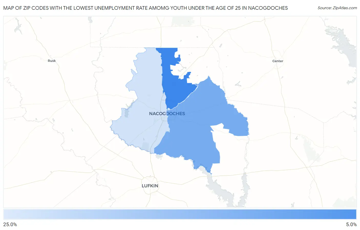 Zip Codes with the Lowest Unemployment Rate Amomg Youth Under the Age of 25 in Nacogdoches Map