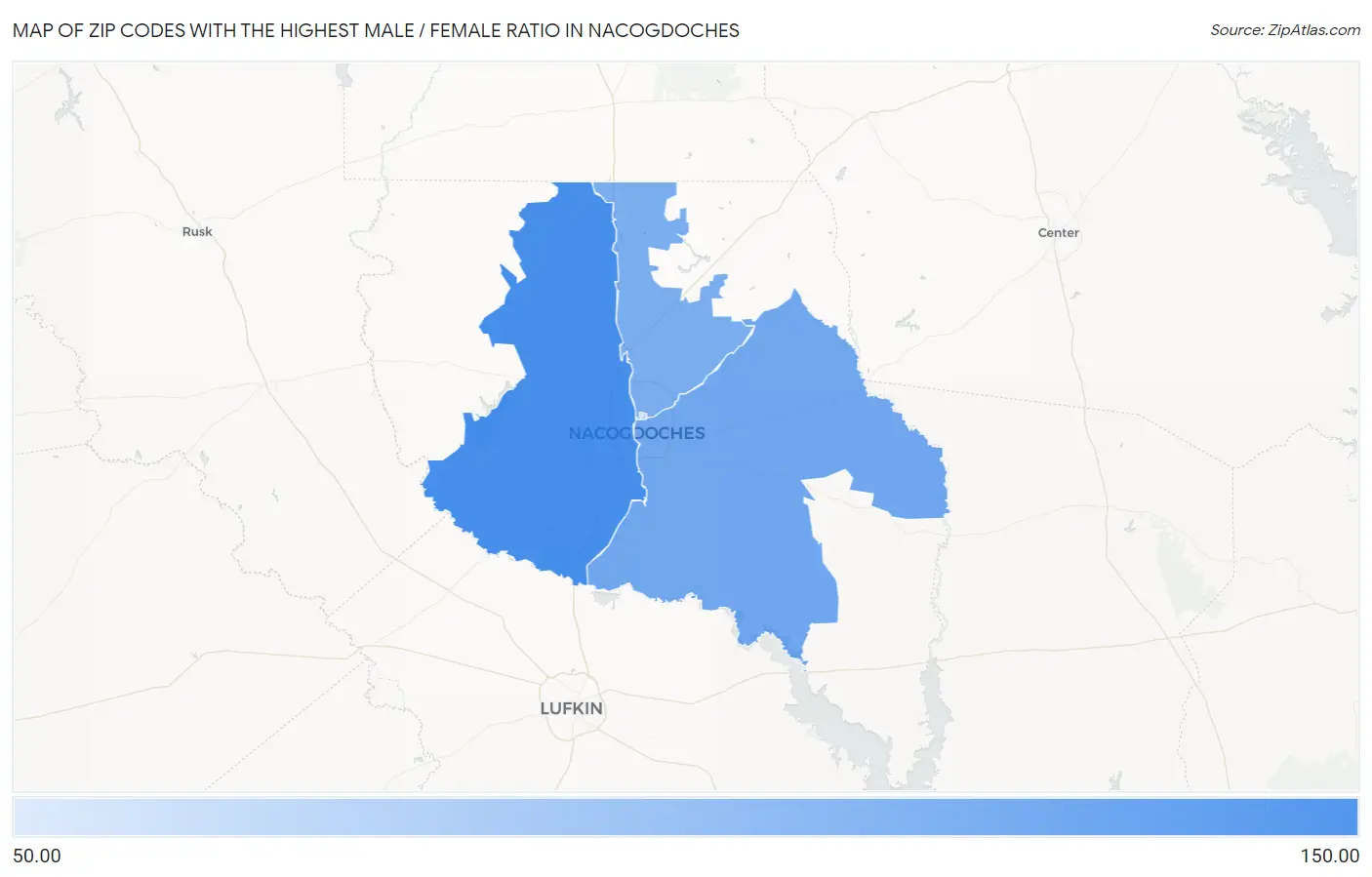 Zip Codes with the Highest Male / Female Ratio in Nacogdoches Map