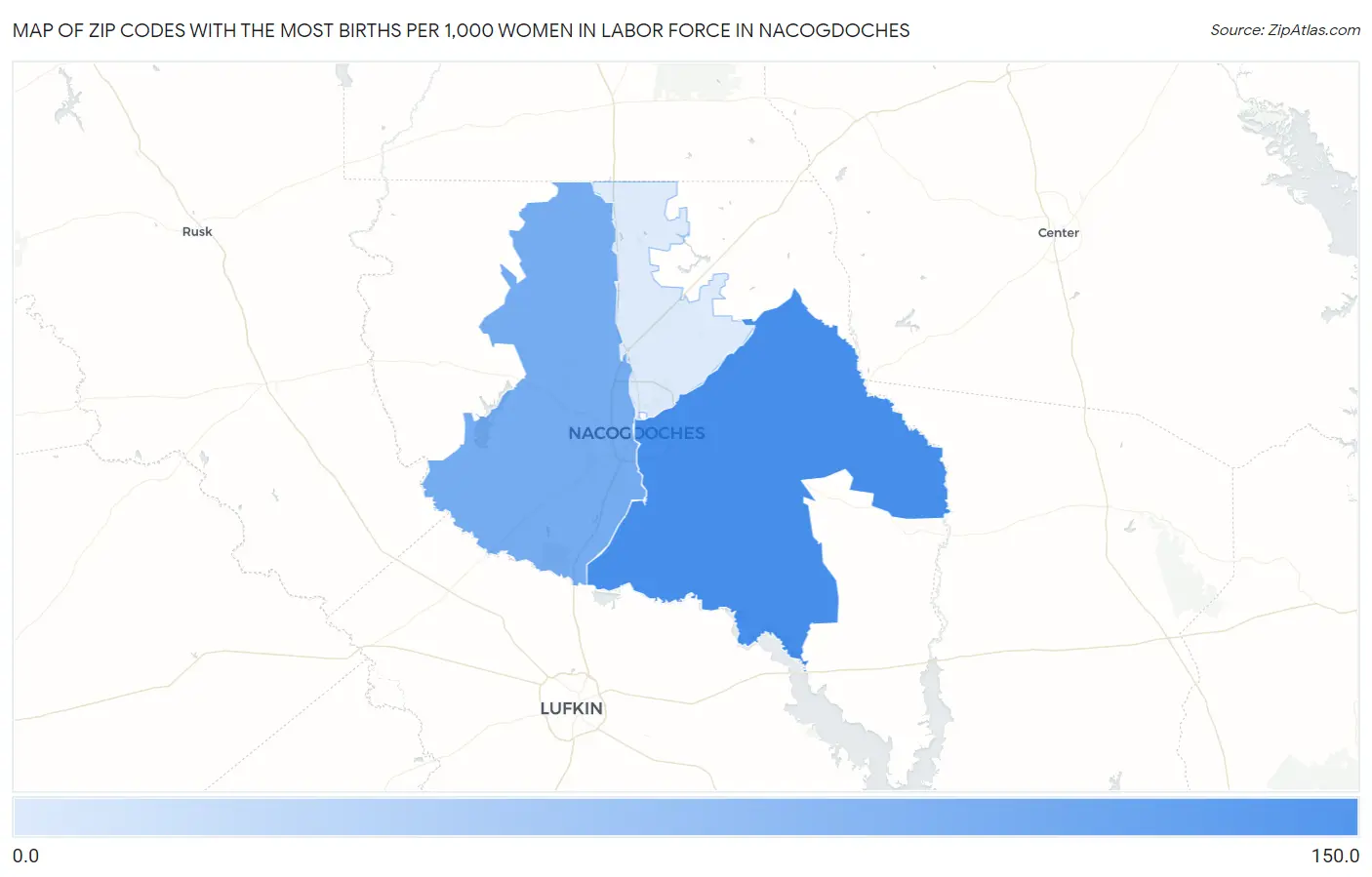 Zip Codes with the Most Births per 1,000 Women in Labor Force in Nacogdoches Map