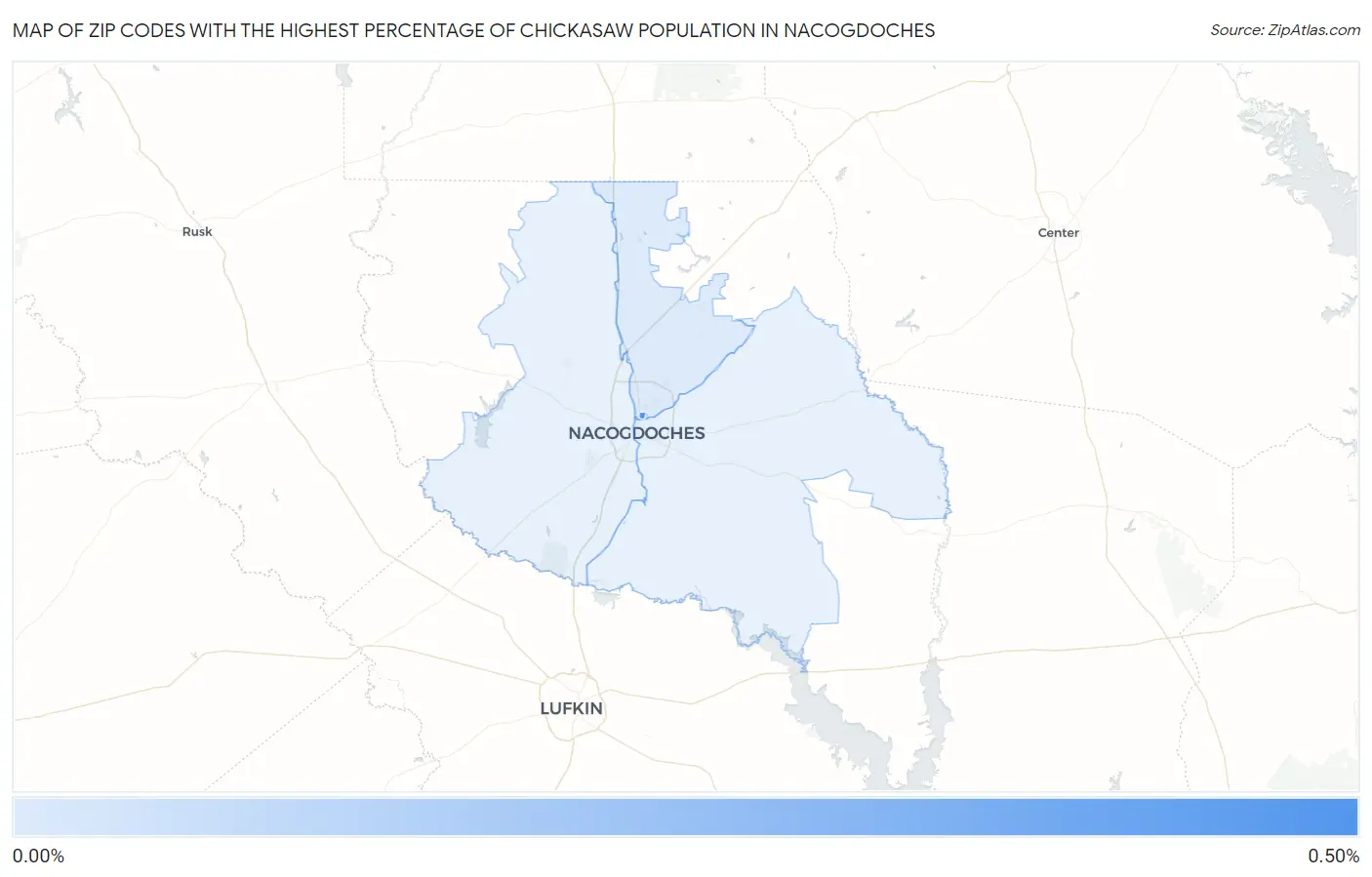 Zip Codes with the Highest Percentage of Chickasaw Population in Nacogdoches Map