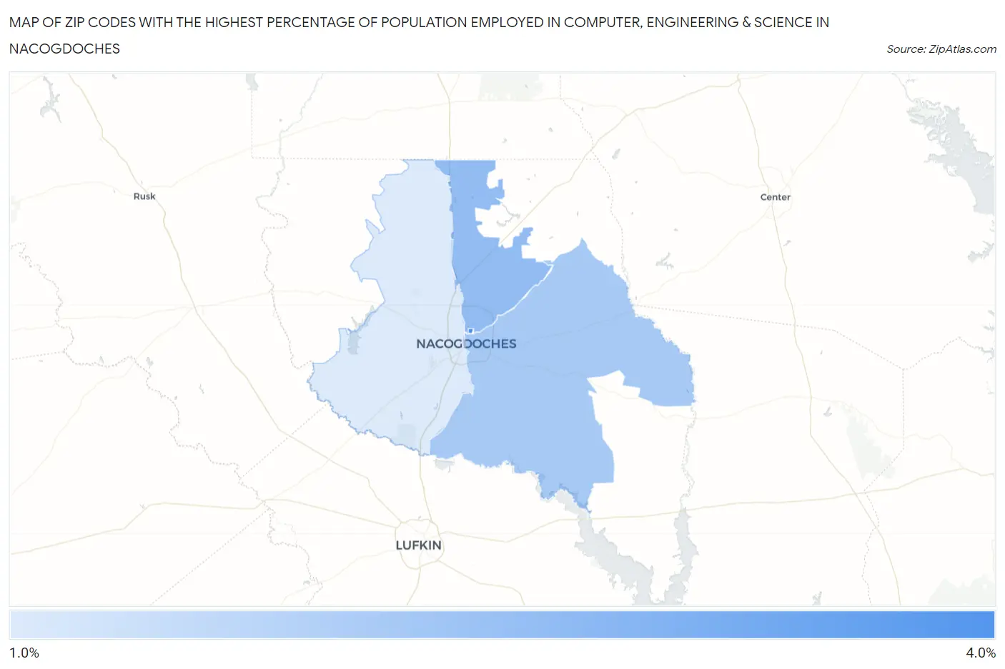 Zip Codes with the Highest Percentage of Population Employed in Computer, Engineering & Science in Nacogdoches Map