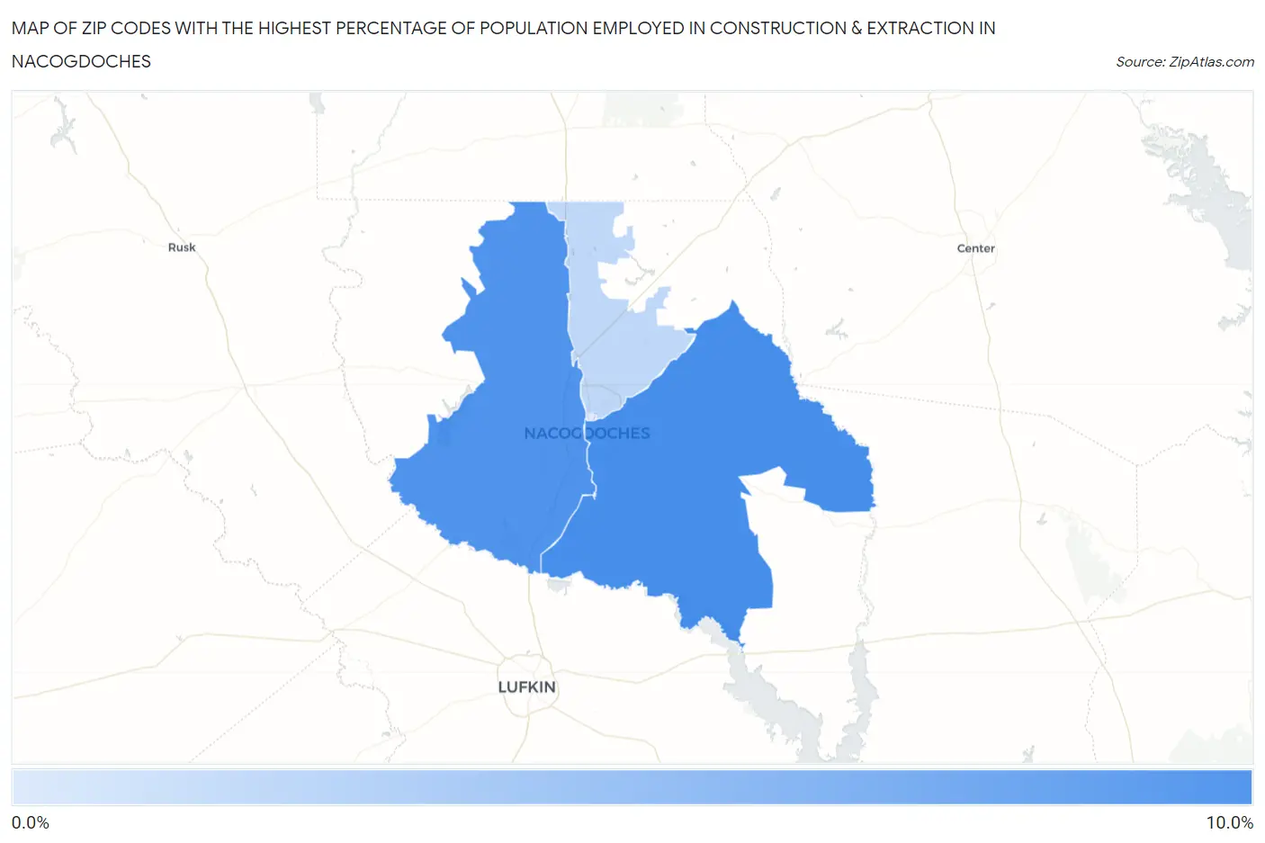 Zip Codes with the Highest Percentage of Population Employed in Construction & Extraction in Nacogdoches Map