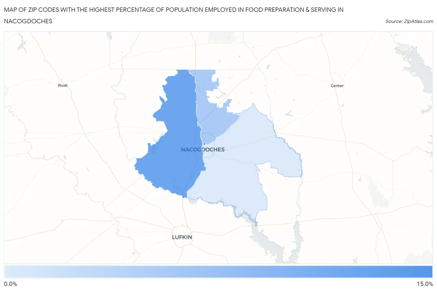 Zip Codes with the Highest Percentage of Population Employed in Food Preparation & Serving in Nacogdoches Map