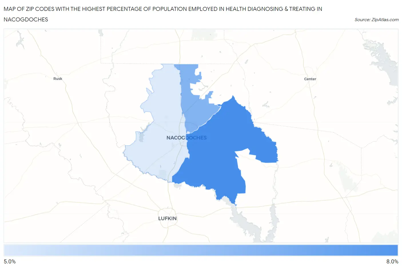 Zip Codes with the Highest Percentage of Population Employed in Health Diagnosing & Treating in Nacogdoches Map