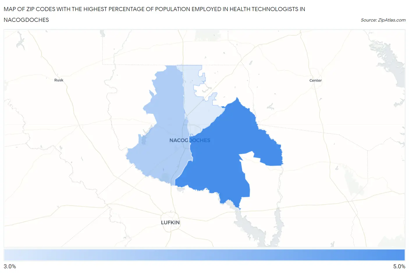 Zip Codes with the Highest Percentage of Population Employed in Health Technologists in Nacogdoches Map