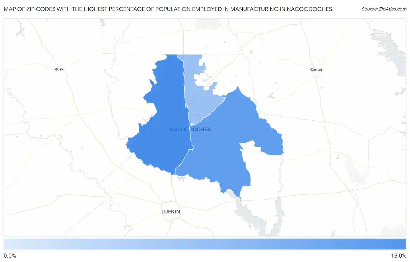 Zip Codes with the Highest Percentage of Population Employed in Manufacturing in Nacogdoches Map