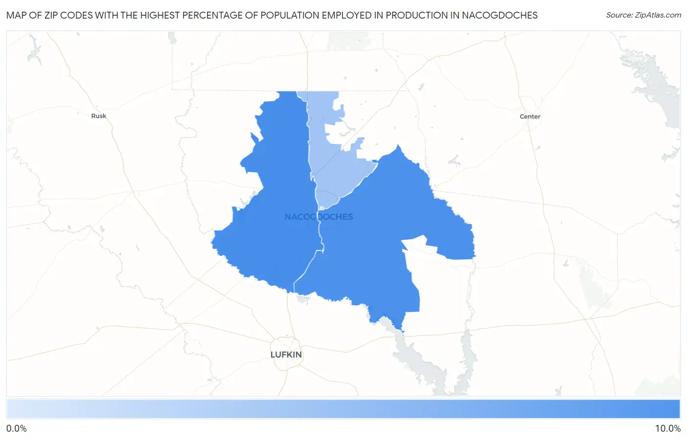 Zip Codes with the Highest Percentage of Population Employed in Production in Nacogdoches Map
