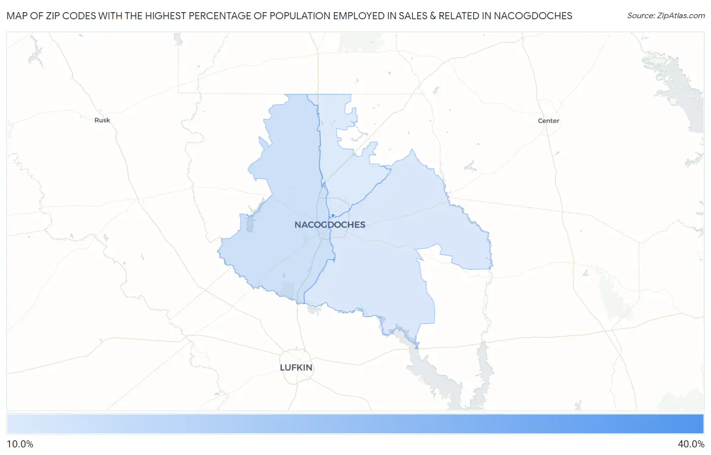 Zip Codes with the Highest Percentage of Population Employed in Sales & Related in Nacogdoches Map