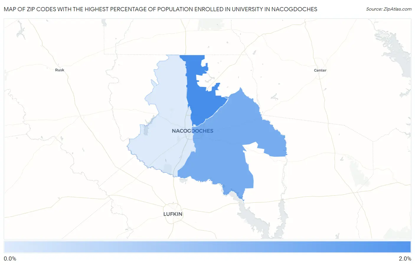 Zip Codes with the Highest Percentage of Population Enrolled in University in Nacogdoches Map