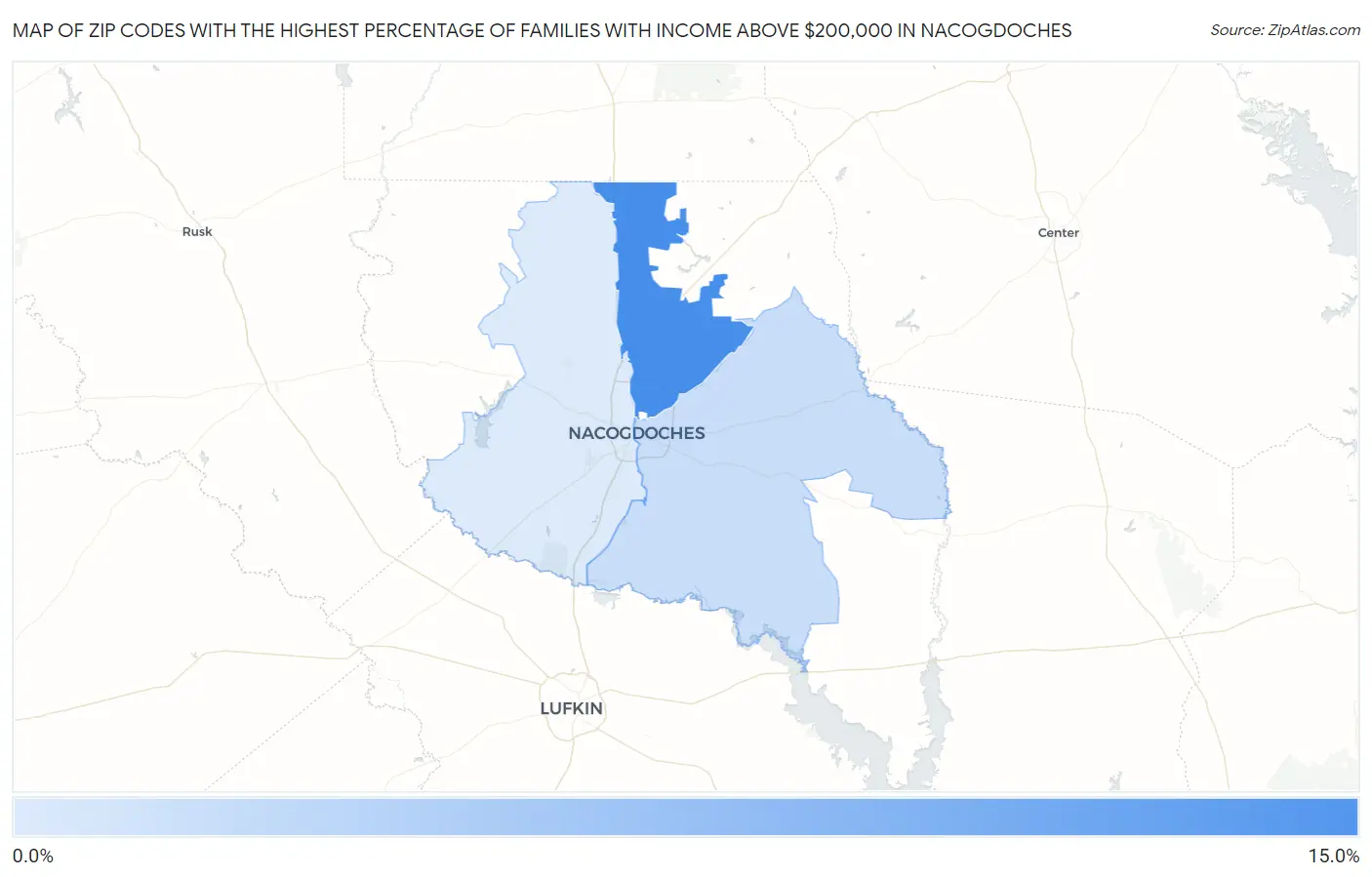 Zip Codes with the Highest Percentage of Families with Income Above $200,000 in Nacogdoches Map