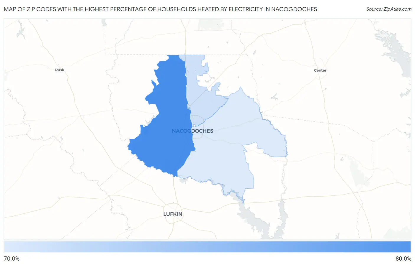 Zip Codes with the Highest Percentage of Households Heated by Electricity in Nacogdoches Map