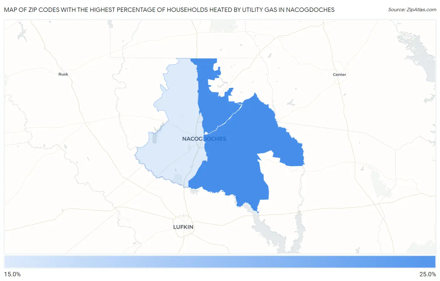 Zip Codes with the Highest Percentage of Households Heated by Utility Gas in Nacogdoches Map