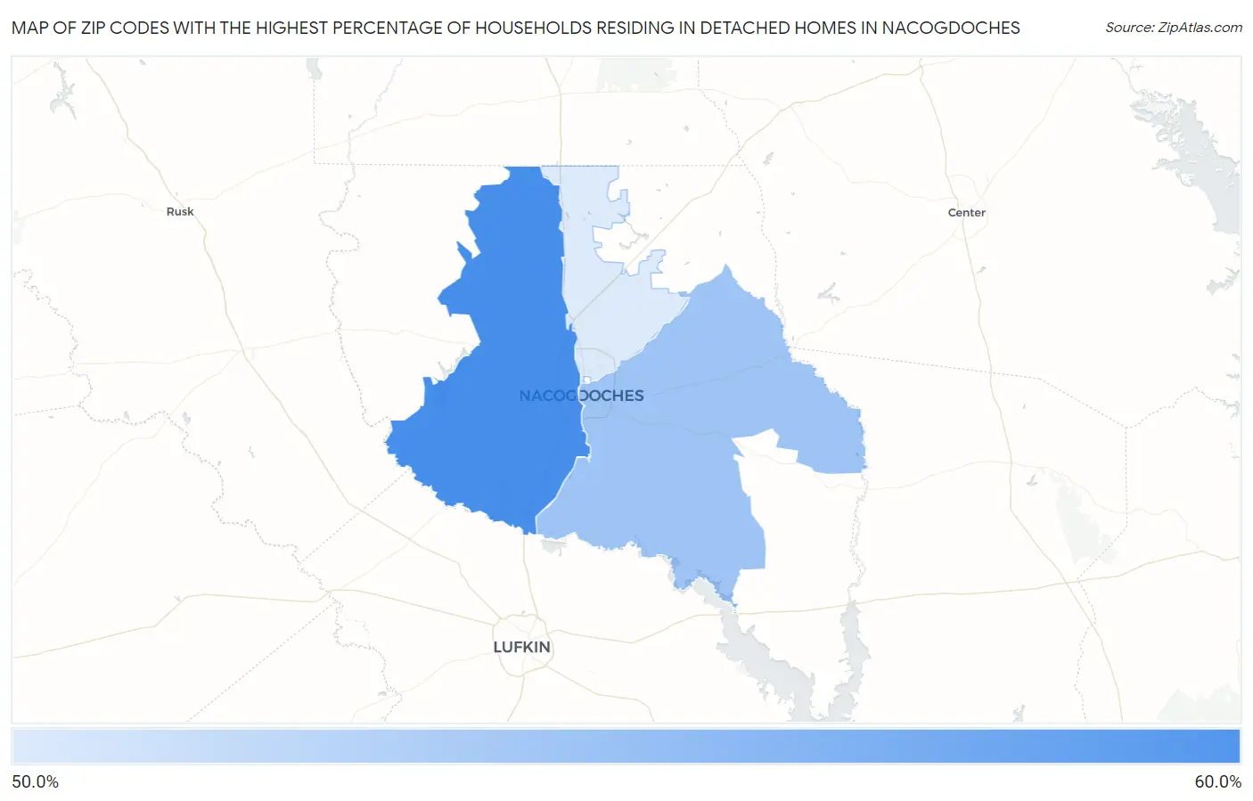Zip Codes with the Highest Percentage of Households Residing in Detached Homes in Nacogdoches Map