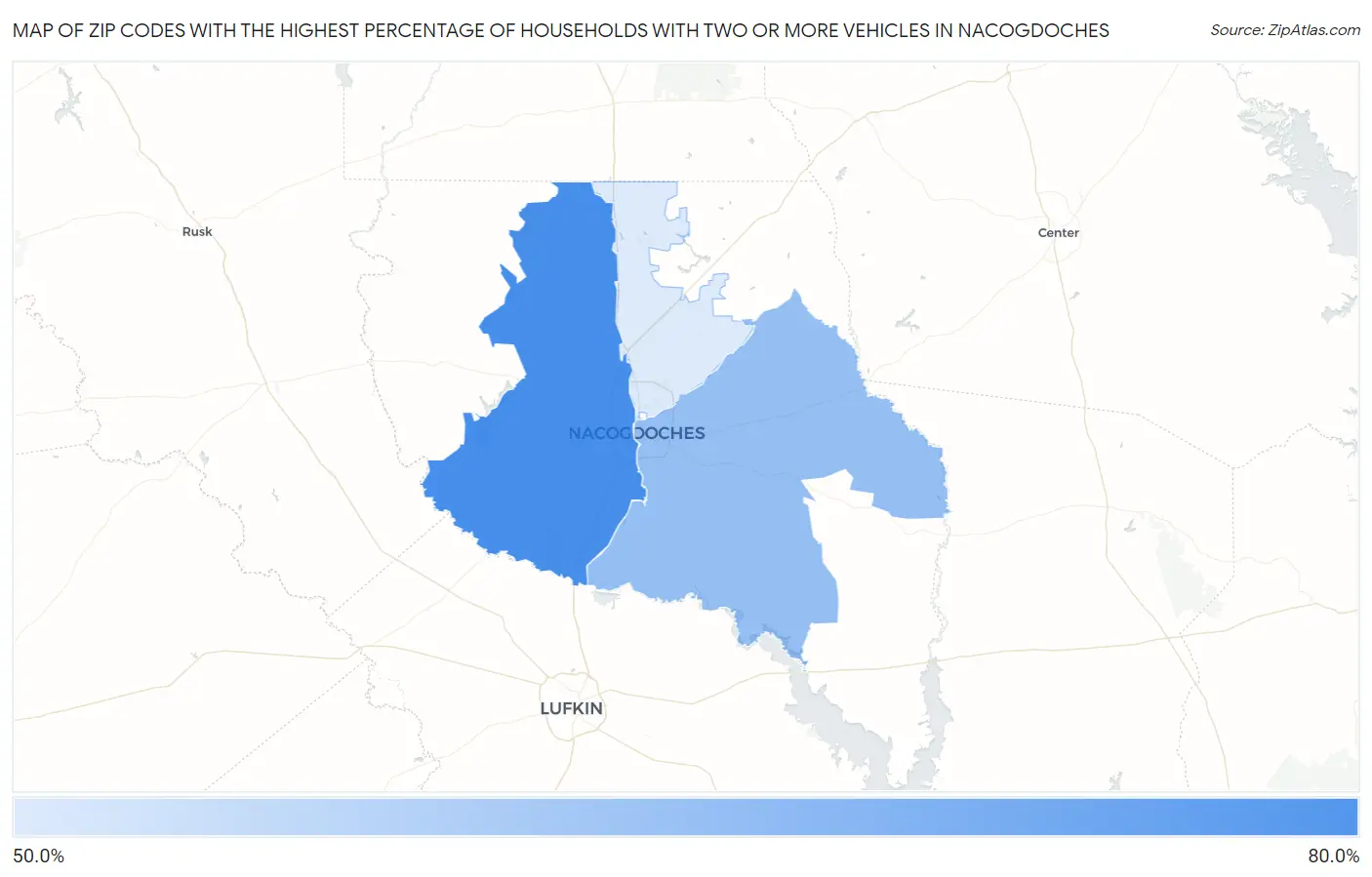 Zip Codes with the Highest Percentage of Households With Two or more Vehicles in Nacogdoches Map
