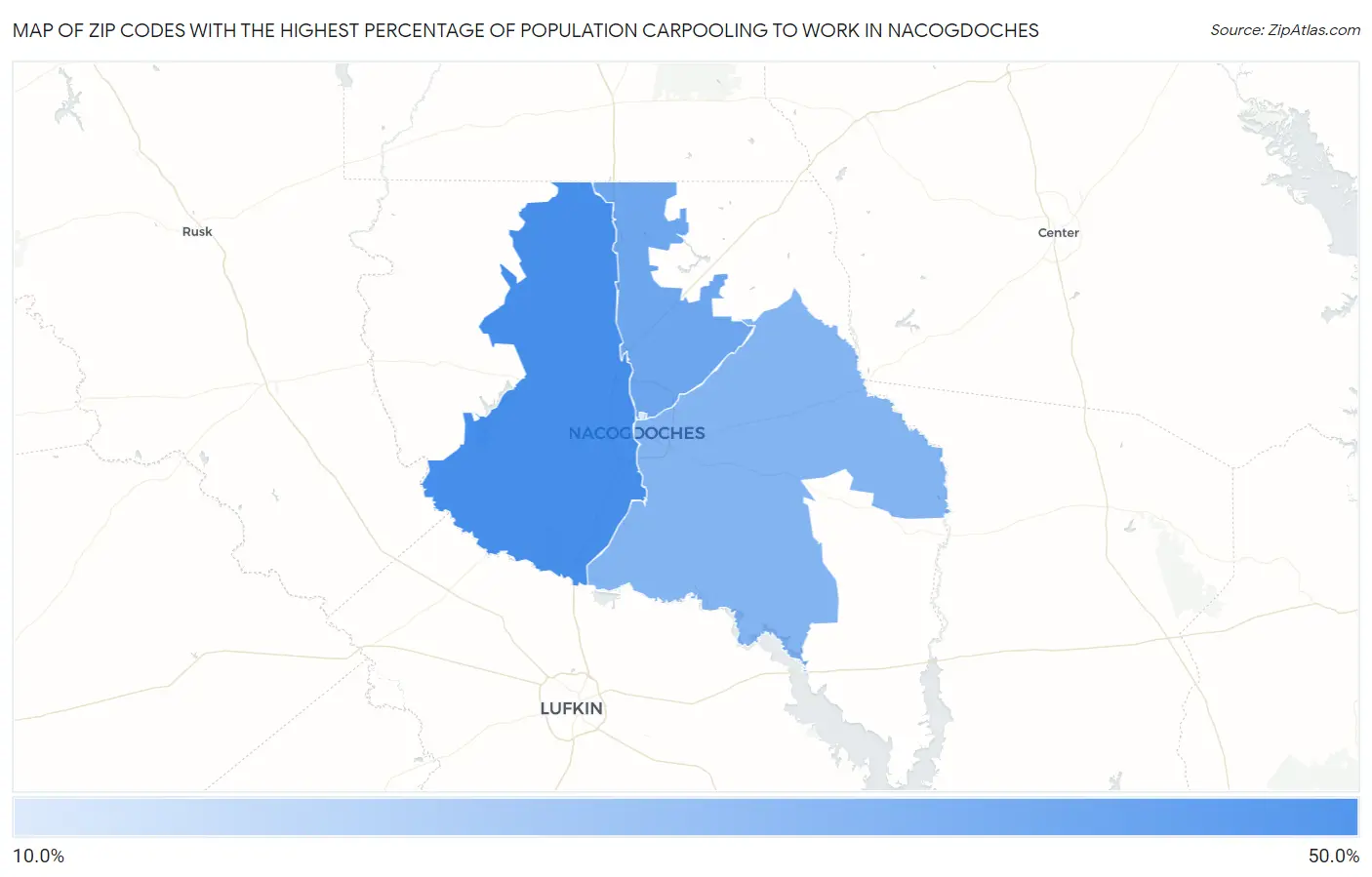 Zip Codes with the Highest Percentage of Population Carpooling to Work in Nacogdoches Map