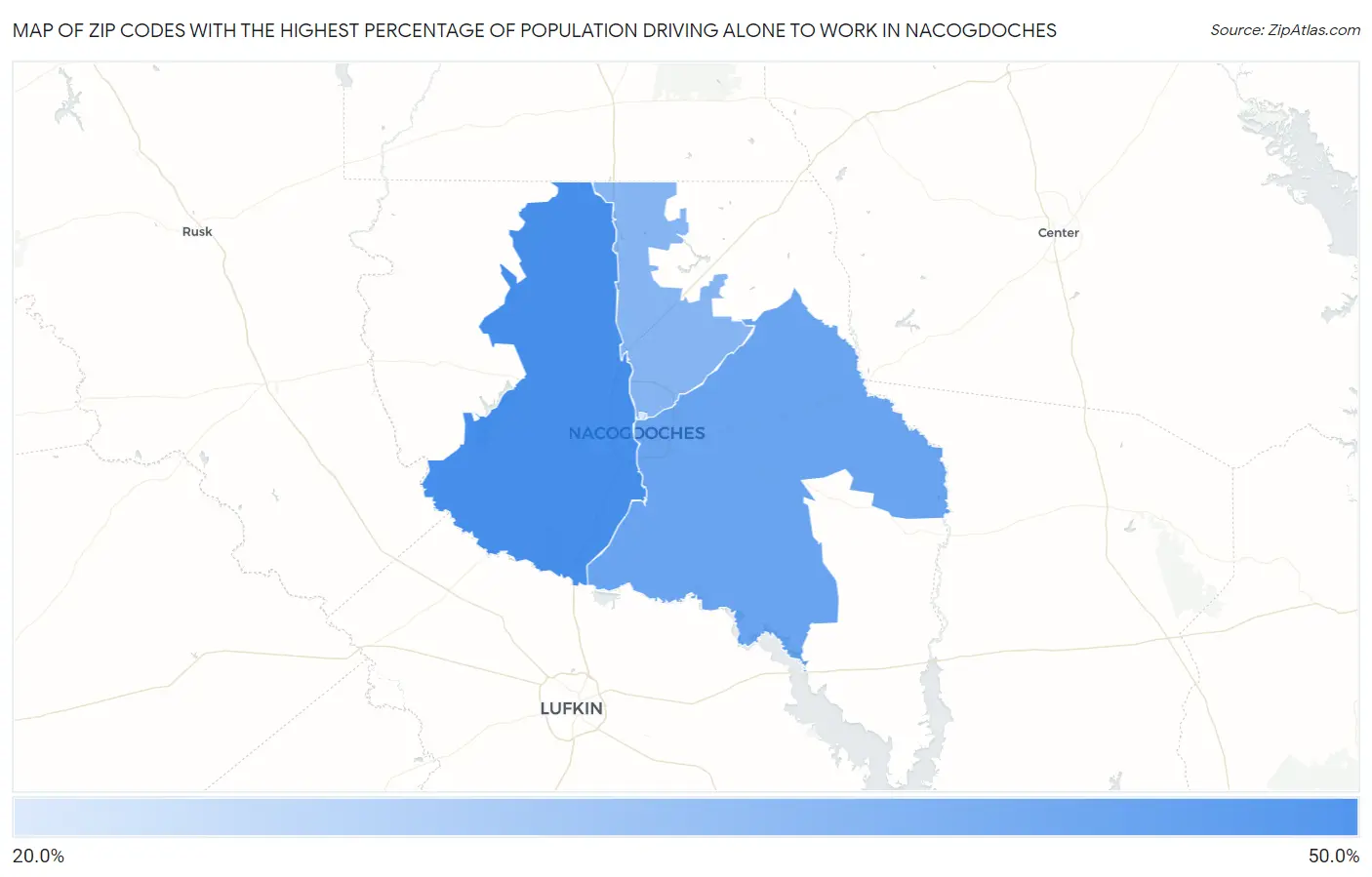 Zip Codes with the Highest Percentage of Population Driving Alone to Work in Nacogdoches Map