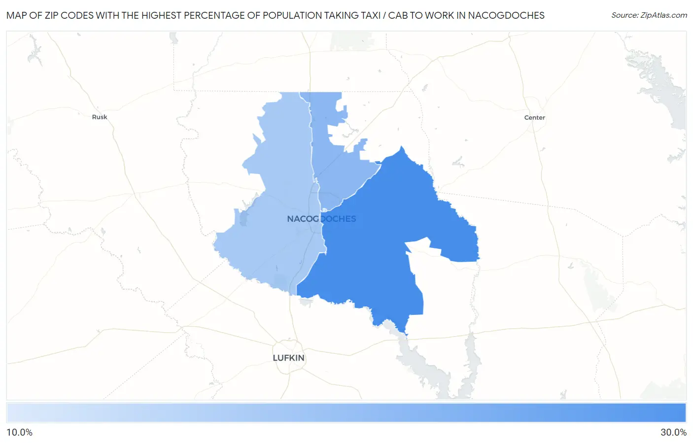 Zip Codes with the Highest Percentage of Population Taking Taxi / Cab to Work in Nacogdoches Map