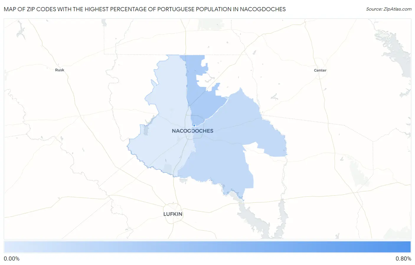Zip Codes with the Highest Percentage of Portuguese Population in Nacogdoches Map